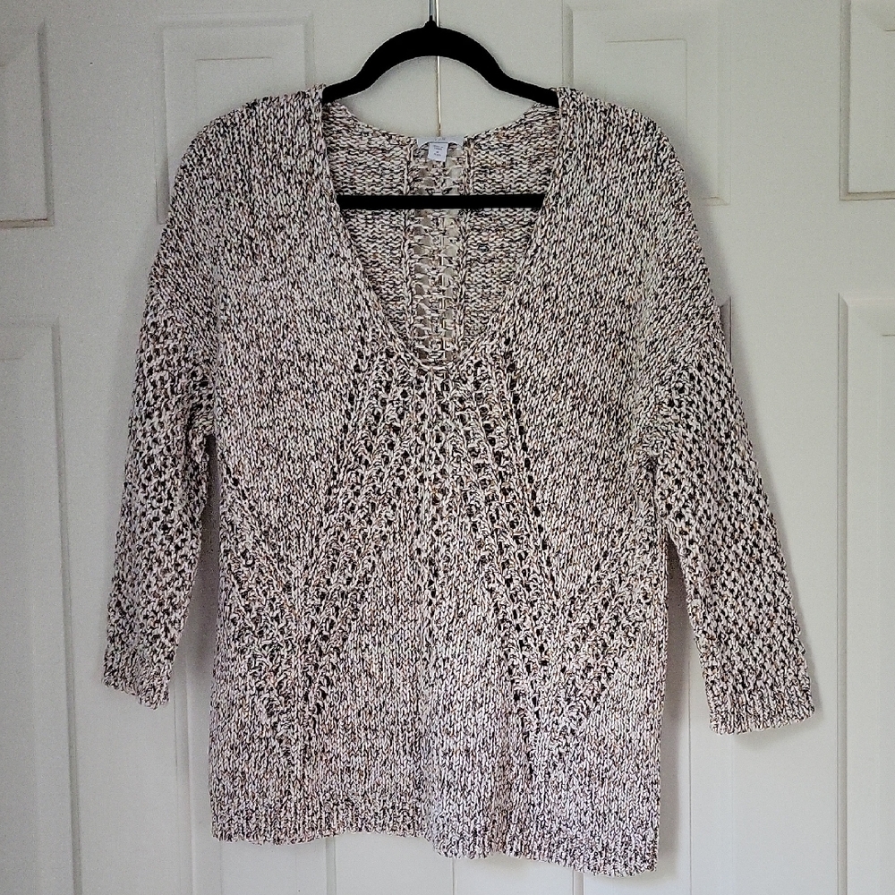 J. Jill Open Weave V Neck Sweater Sz Mp Beachy Coastal Neutral